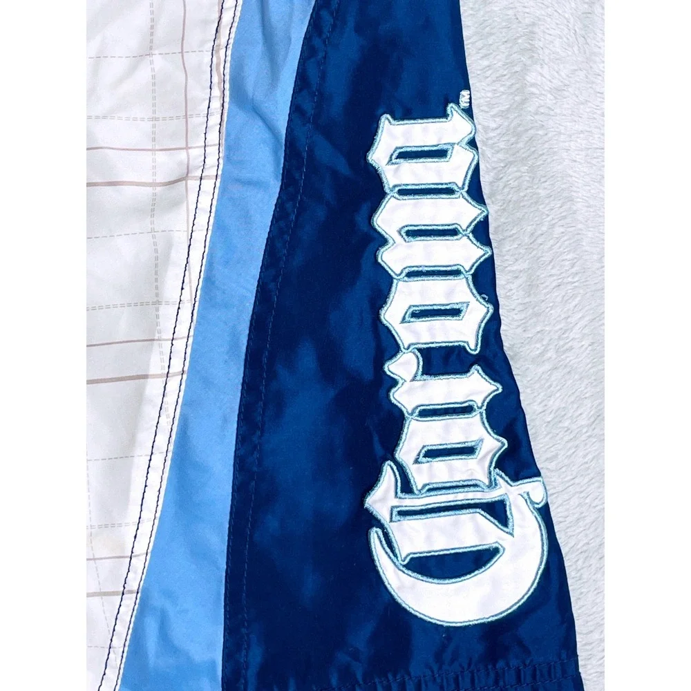 Corona Extra Board Shorts Mens 34 Blue White Grid Logo Zip Pocket Swim Trunks